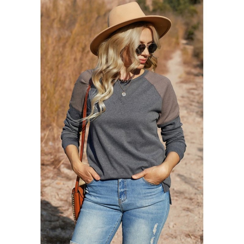 Dark Gray Color Block Raglan Sleeve Top - from category Long Sleeve Tops (Dsipark.com | Best Online Shopping Website for Discounted Deals)