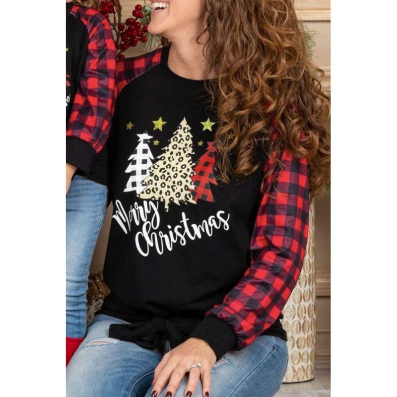 Family Matching Mom's Plaid Christmas Print Tie Knot Long Sleeve Top - from category Long Sleeve Tops (Dsipark.com | Best Online Shopping Website for Discounted Deals)