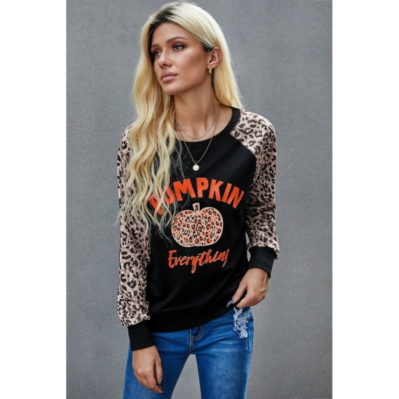 Halloween Leopard Pumpkin Print Long Sleeve Crew Neck Top - from category Long Sleeve Tops (Dsipark.com | Best Online Shopping Website for Discounted Deals)