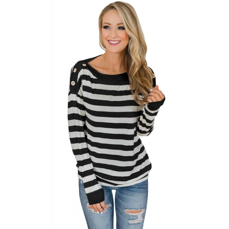 Button On Shoulders Black Striped Long Sleeve Top - from category Long Sleeve Tops (Dsipark.com | Best Online Shopping Website for Discounted Deals)