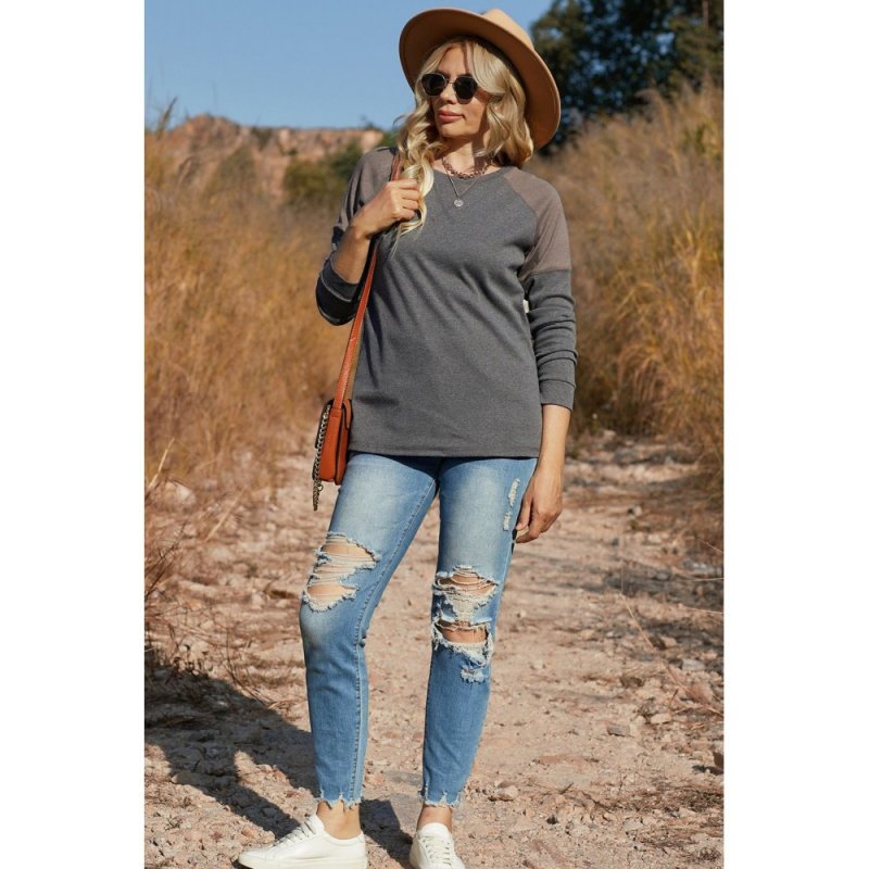 Dark Gray Color Block Raglan Sleeve Top - from category Long Sleeve Tops (Dsipark.com | Best Online Shopping Website for Discounted Deals)