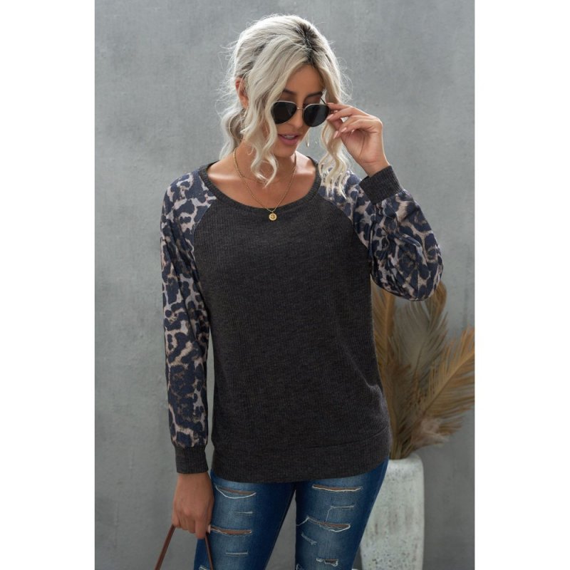 Gray Leopard Patch Ribbed Loose Long Sleeve Blouse - from category Long Sleeve Tops (Dsipark.com | Best Online Shopping Website for Discounted Deals)