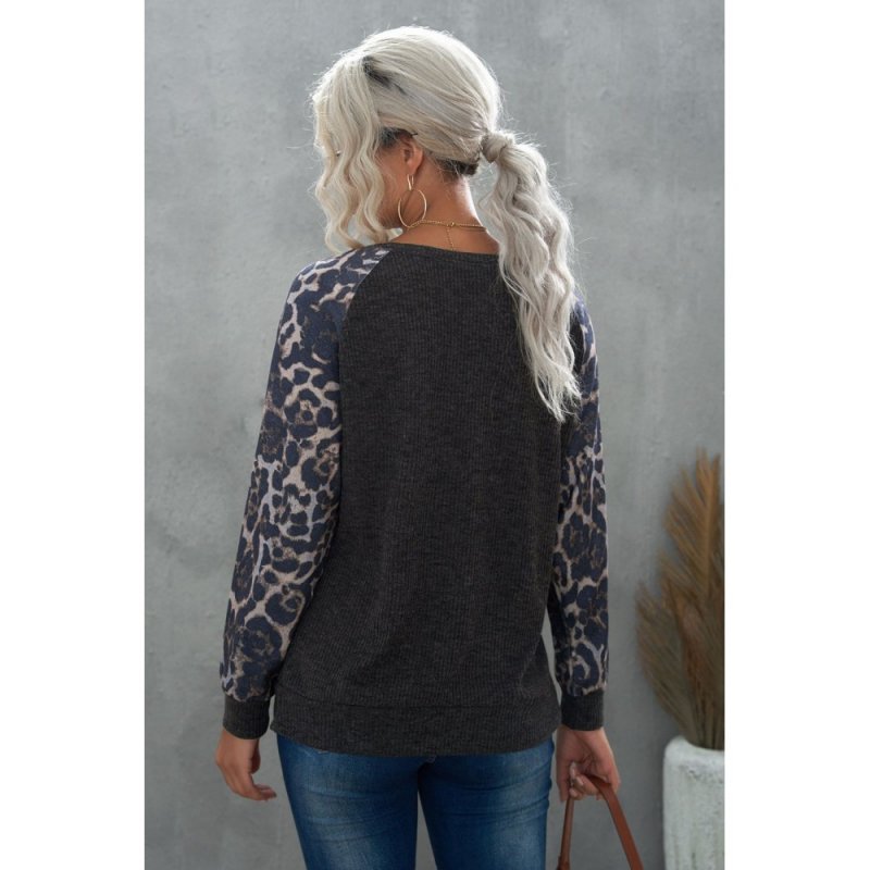 Gray Leopard Patch Ribbed Loose Long Sleeve Blouse - from category Long Sleeve Tops (Dsipark.com | Best Online Shopping Website for Discounted Deals)