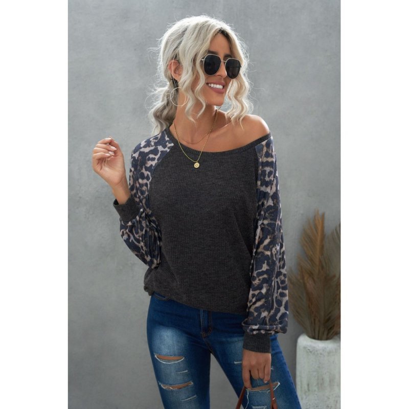 Gray Leopard Patch Ribbed Loose Long Sleeve Blouse - from category Long Sleeve Tops (Dsipark.com | Best Online Shopping Website for Discounted Deals)