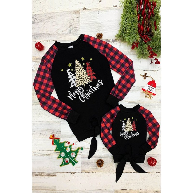 Family Matching Mom's Plaid Christmas Print Tie Knot Long Sleeve Top - from category Long Sleeve Tops (Dsipark.com | Best Online Shopping Website for Discounted Deals)