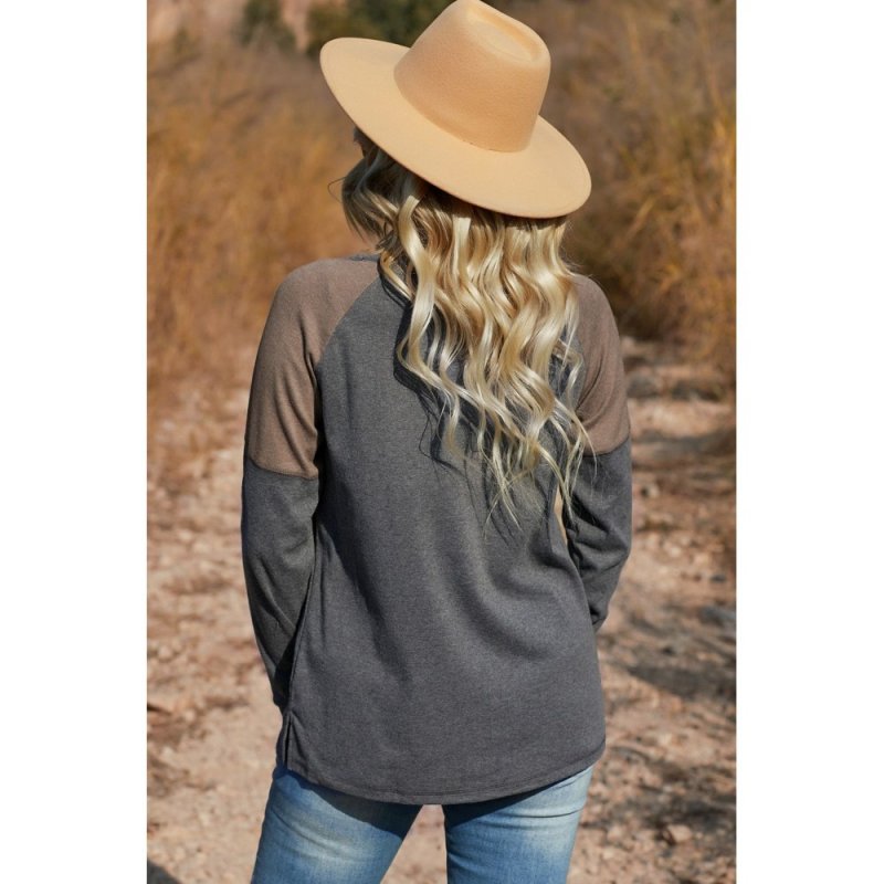 Dark Gray Color Block Raglan Sleeve Top - from category Long Sleeve Tops (Dsipark.com | Best Online Shopping Website for Discounted Deals)