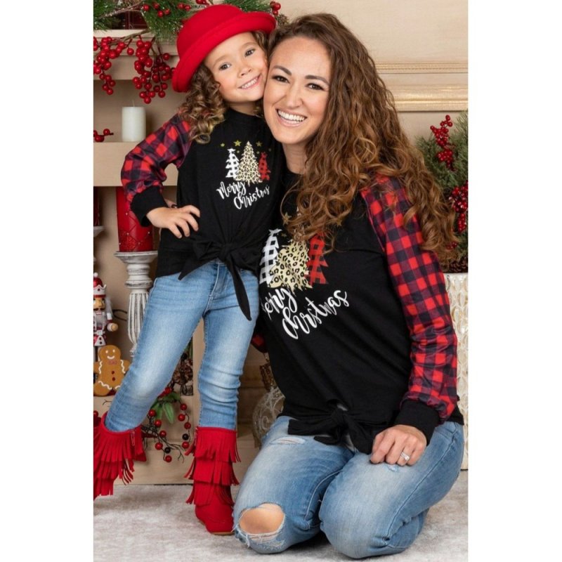 Family Matching Mom's Plaid Christmas Print Tie Knot Long Sleeve Top - from category Long Sleeve Tops (Dsipark.com | Best Online Shopping Website for Discounted Deals)