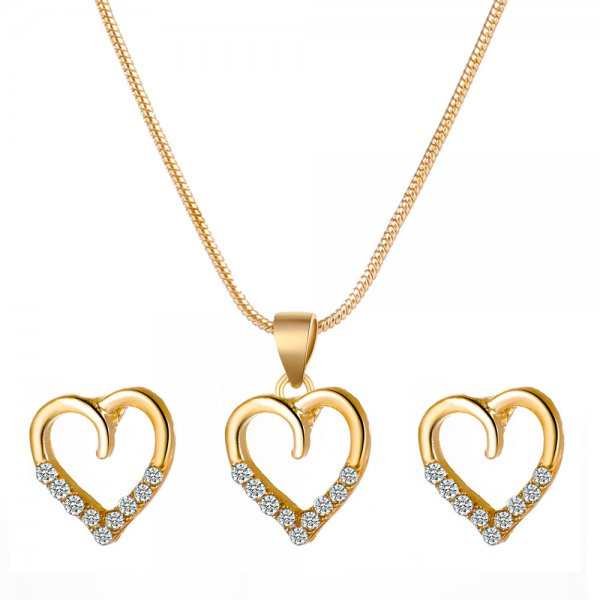 Love Necklace Earrings Set Simple Metal Zircon Peach Heart Sweater Chain