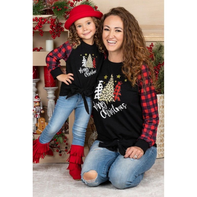 Family Matching Mom's Plaid Christmas Print Tie Knot Long Sleeve Top - from category Long Sleeve Tops (Dsipark.com | Best Online Shopping Website for Discounted Deals)